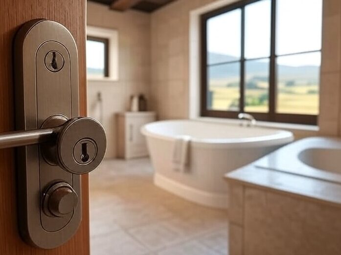 A bathroom with door lock and bathtub and vanity with windows 