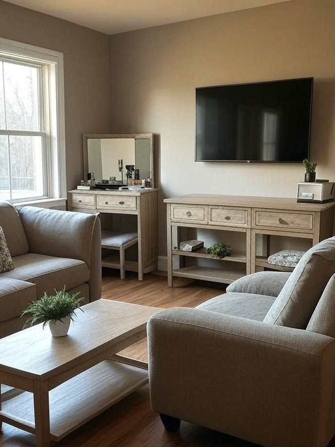 A small living room with tv on the wall and vanity with mirror 