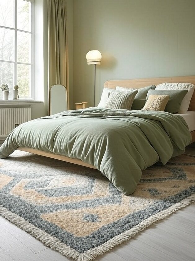 A sage green bedroom with windows and lamp on the side of bed 