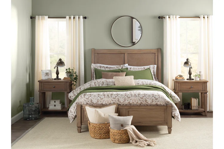 A green bedroom with wooden frame bed and wooden side table and woven basket 