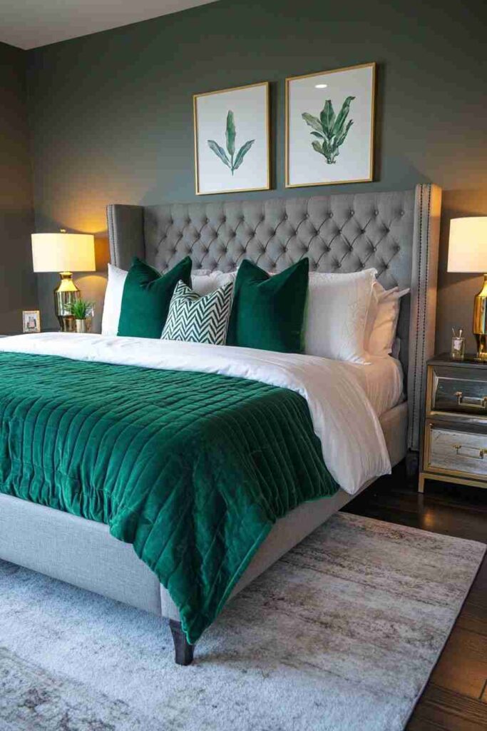 A green bedroom with grey bedding and green pillow and wooden floor and rug on it 