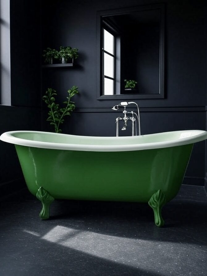 A black bathroom with green bathtub and black floor 