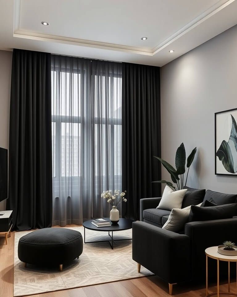A grey living room with black and grey curtain and frame on the wall