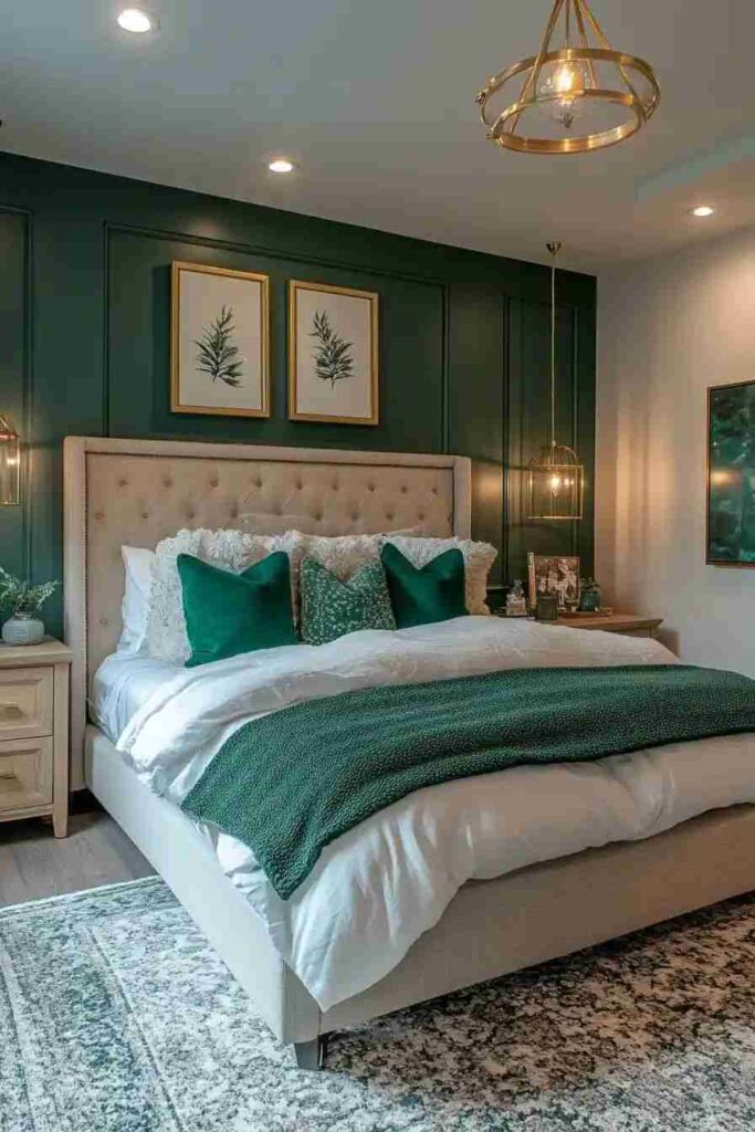 A grey green and grey bedroom with green accents and gold fixture  