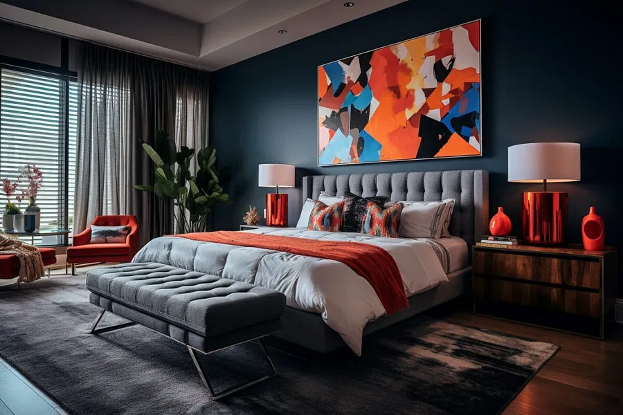 A navy blue bedroom with grey bed and red accents and windows with curtains 
