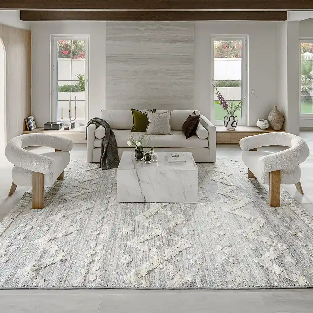 A white and grey living room with rug on the floor