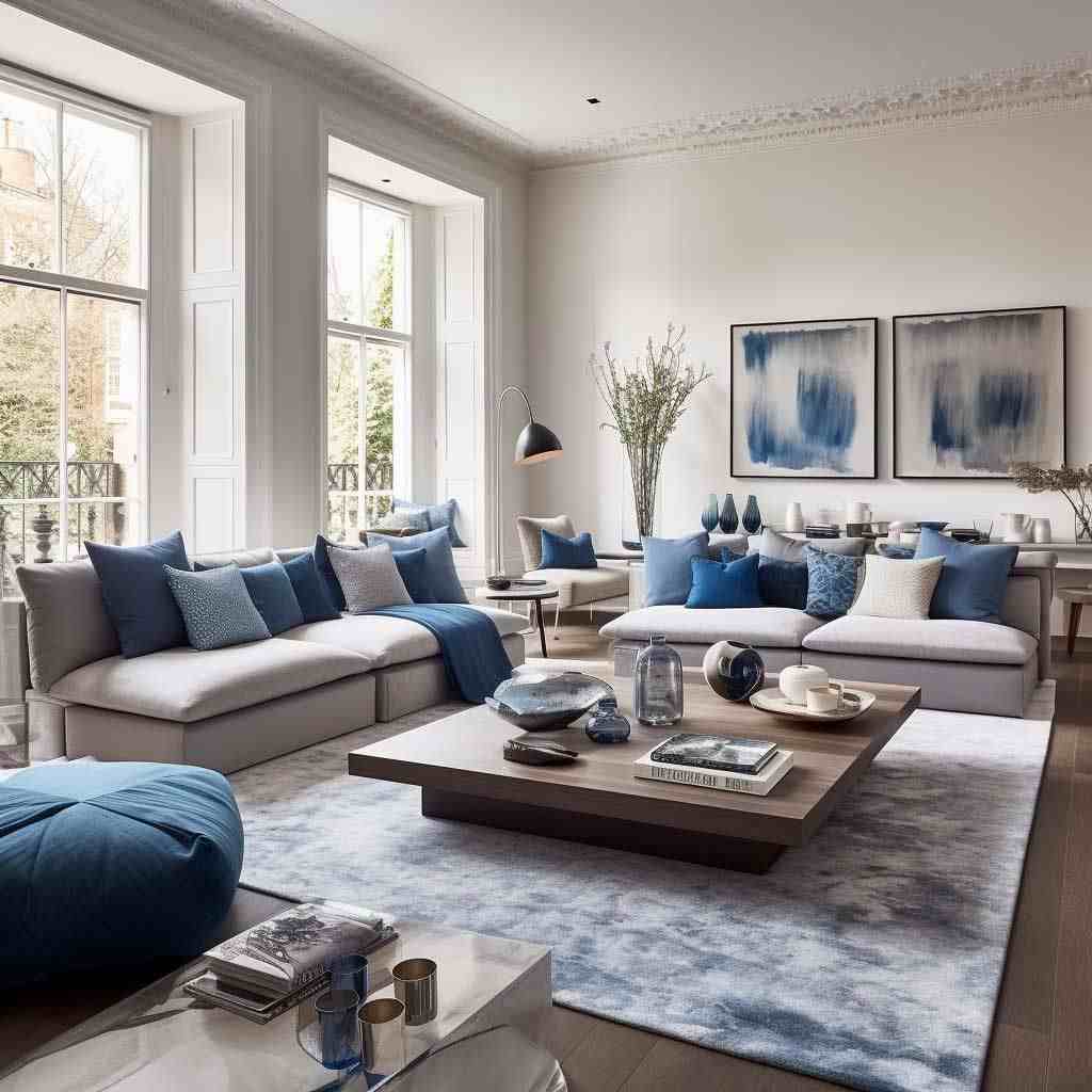 A grey living room with sofa and blue cushion and wooden table and frames on the wall 