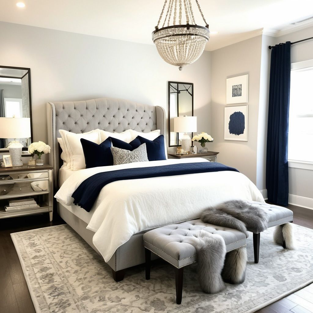 A grey living room with navy blue accent and beige rug on the floor 