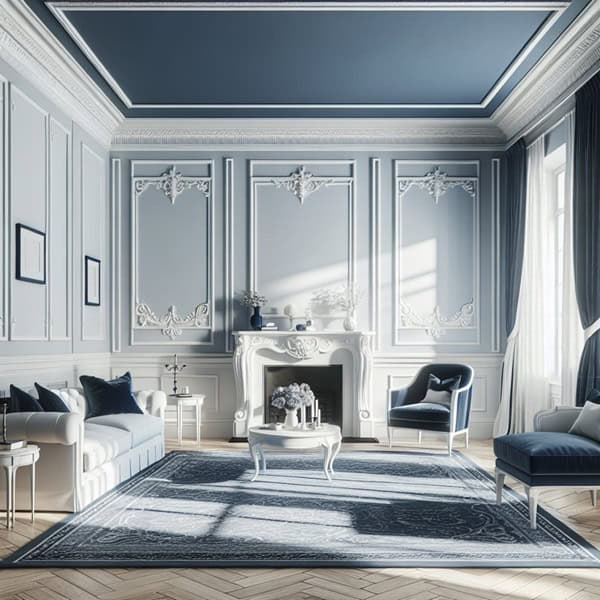 A grey living room with blue celling and grey sofa and blue cushion 