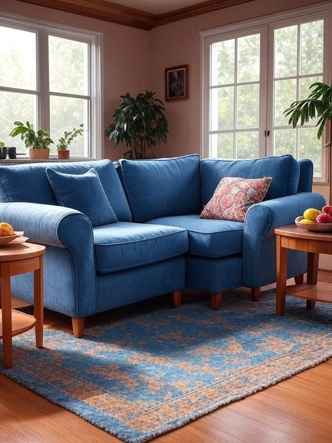 A brown living room with blue sofa and cushion and wooden floor and rug on it 