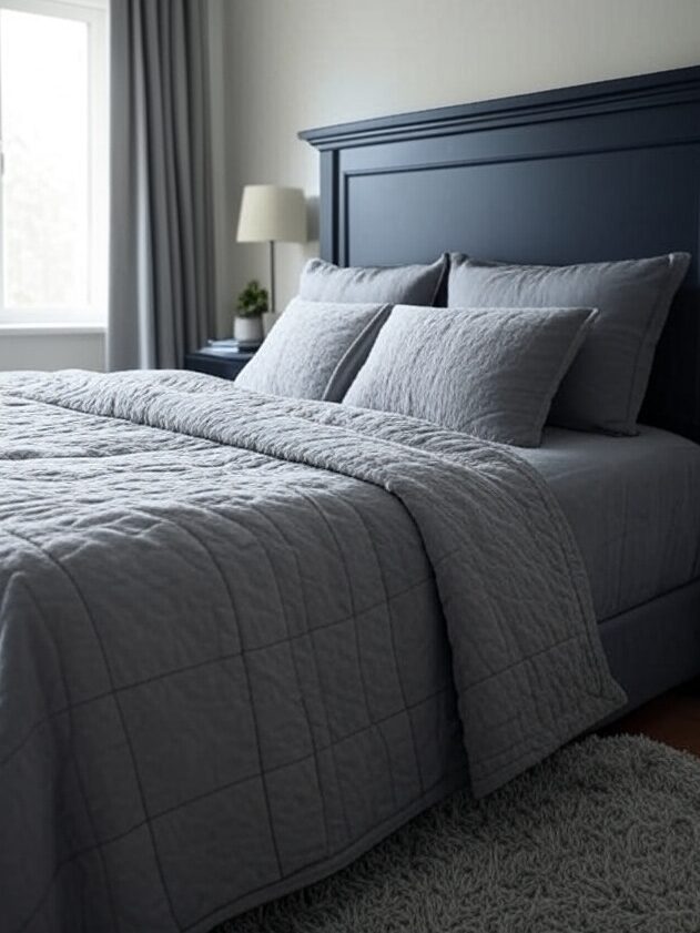 A navy blue headboard with grey quilt lamp on the side table 