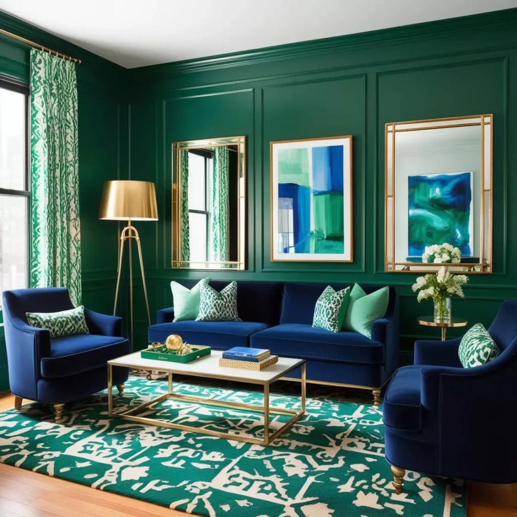 A blue and green living room with metal accents and wooden floor and rug on it 