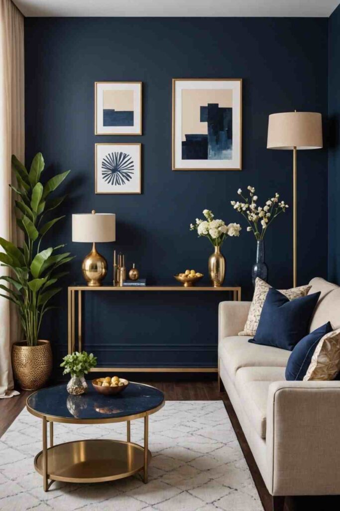 A navy blue living room with grey sofa and metal accents 