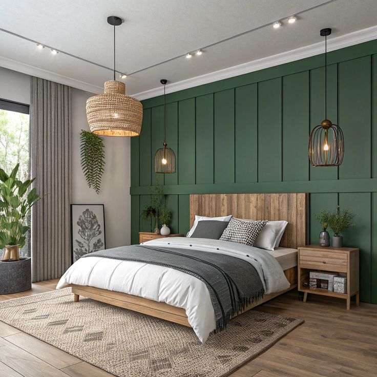 A green and grey bedroom with wooden bedding and side nightstand and wooden floor and rug on it 