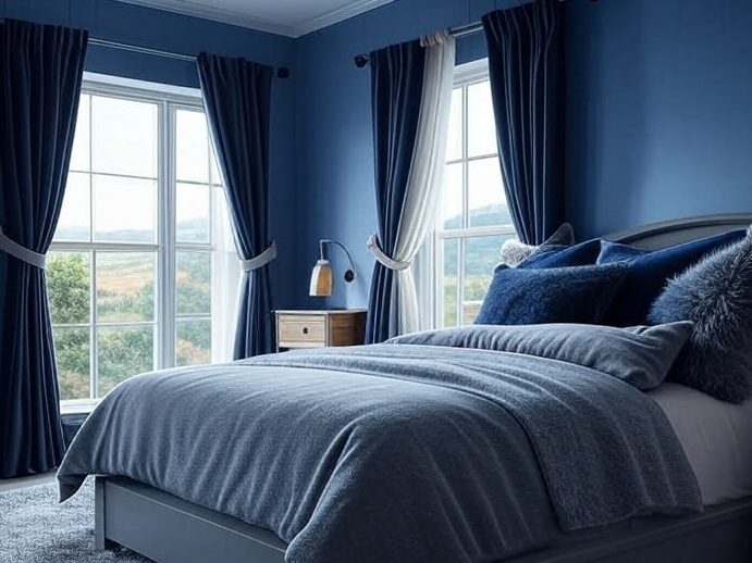 A blue bedroom with curtains with grey tieback and bed with grey blanket and pillow 