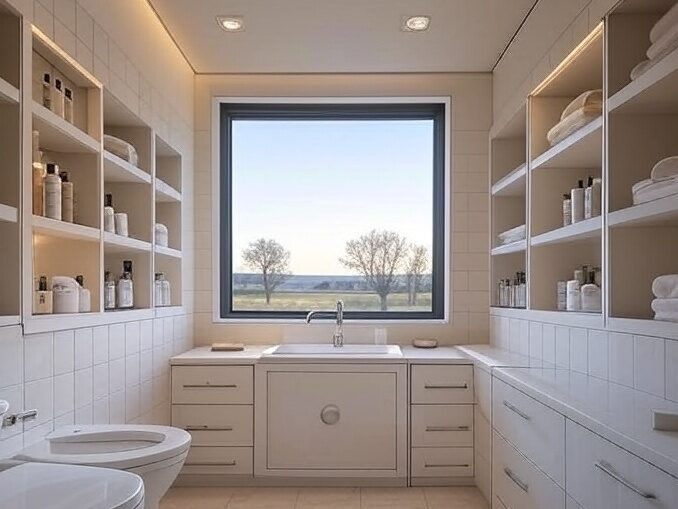 A bathroom with open shelving and built-ins 