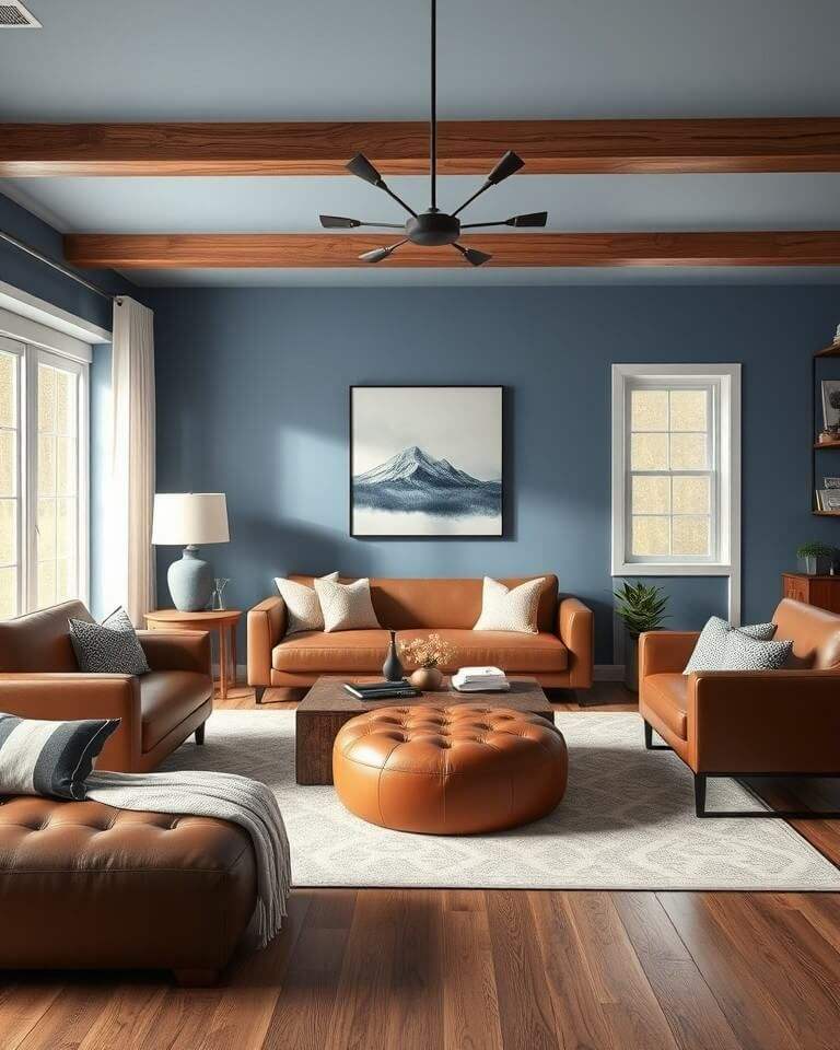 A light blue living room with brown sofa and table and wooden floor  