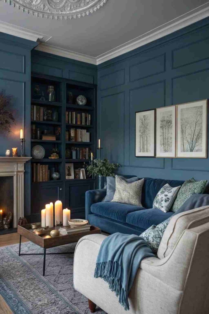 A navy blue living room with wooden floor and candles on the tale 