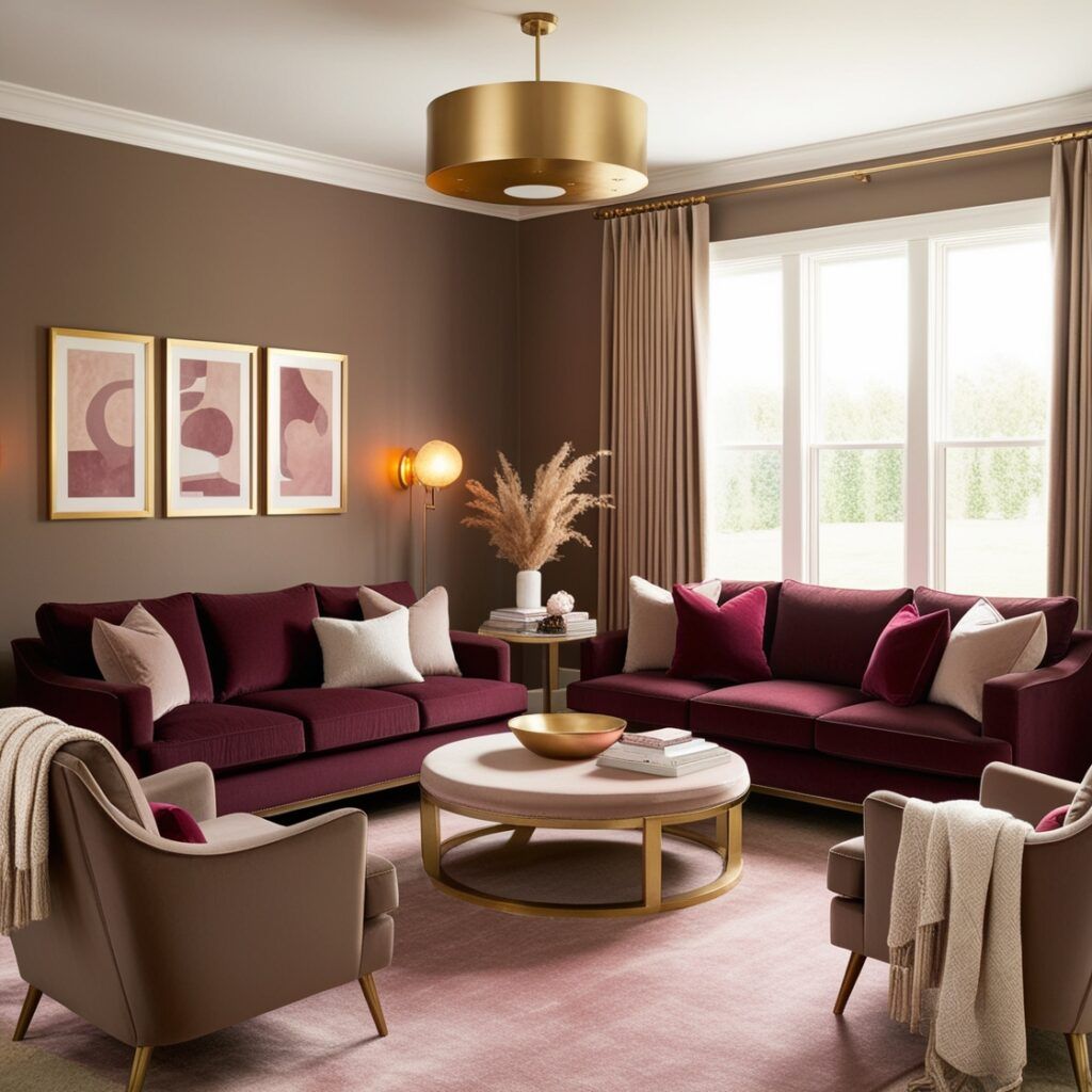 A brown living rom with pink painting on the wall and windows with curtains 