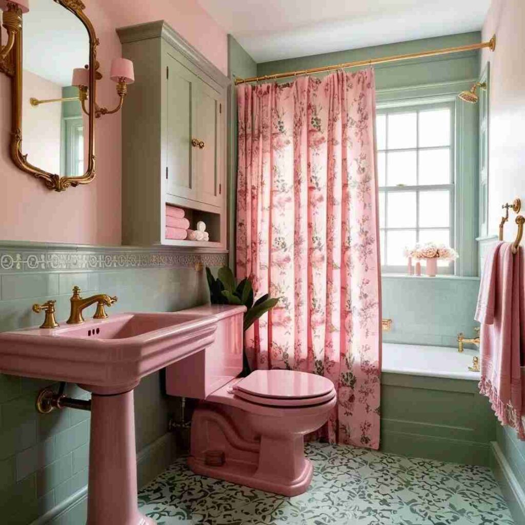 A pink curtain in pink bathroom with windows and pink towel