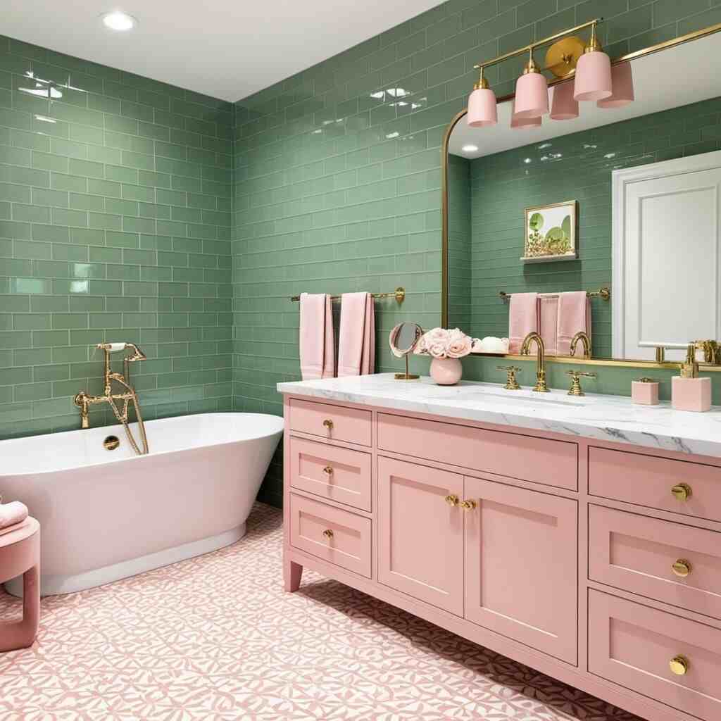 A pink and green bathroom with pink light and pink vanity with gold accents