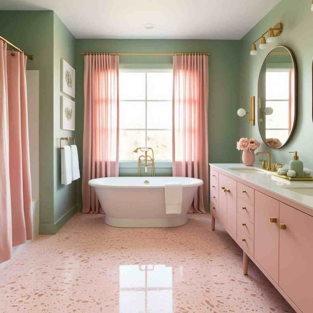 A light green and pink bathroom with pink potted vase on the vanity and white bathtub