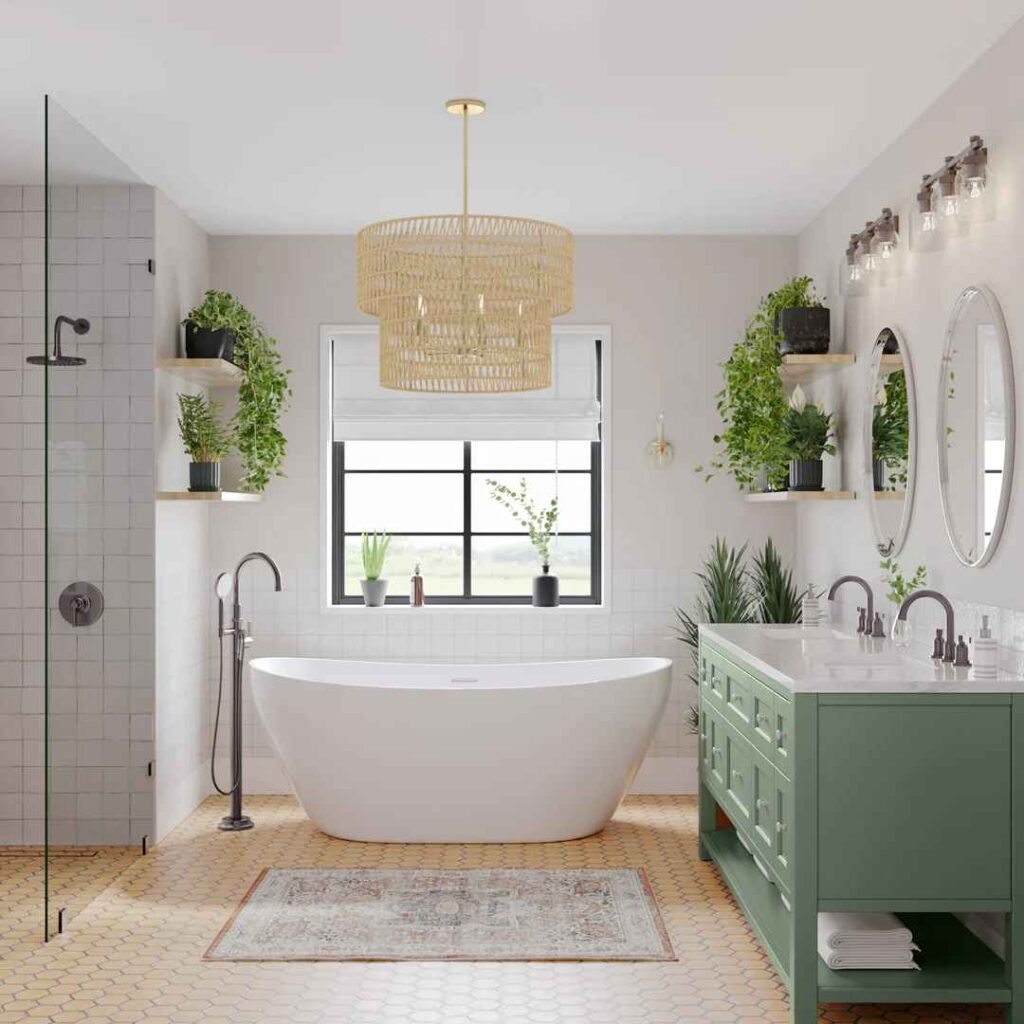 A bathroom with bathtub and wooden floor and green vanity with plants 