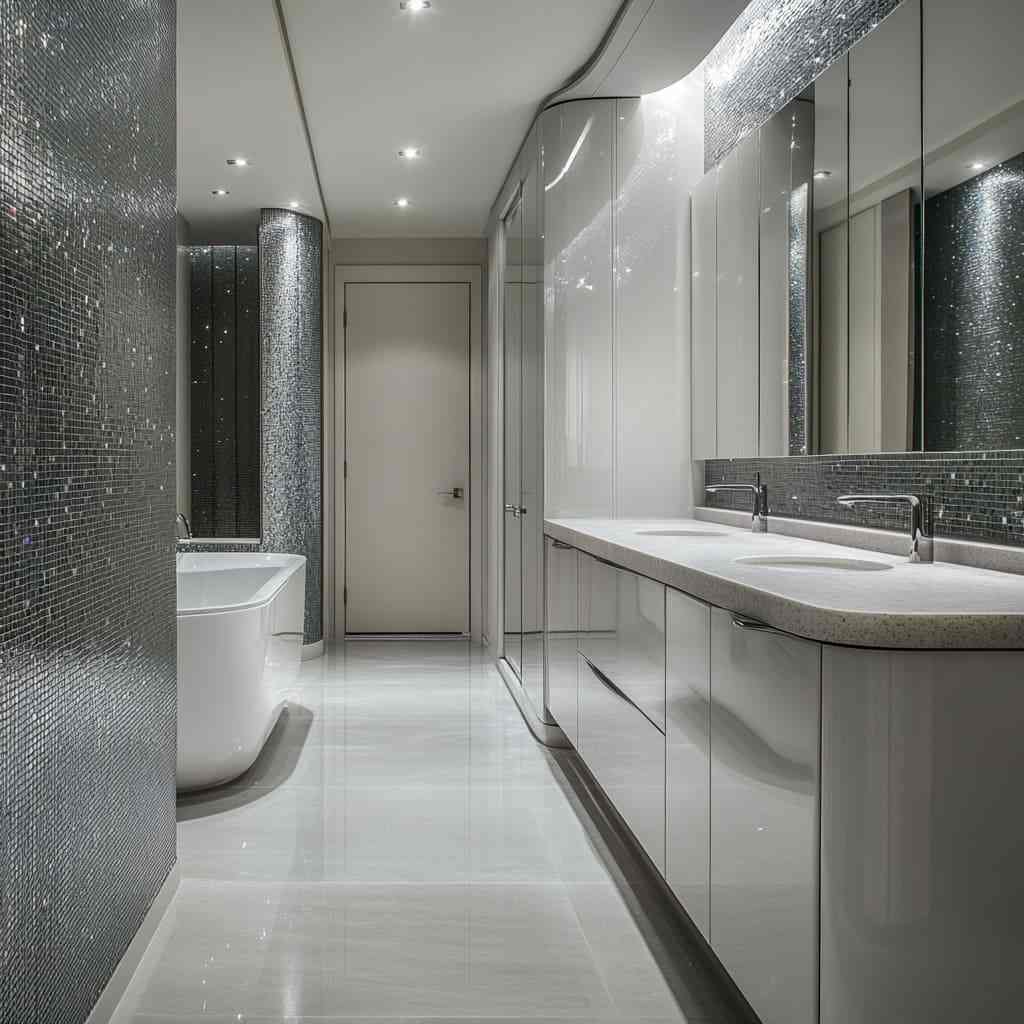 A bathroom with layer light and white bathtub and vanity with sink 