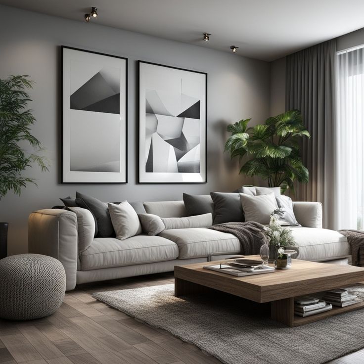 A grey living room with with sofa and cushion and throw on it and plant in the corner 