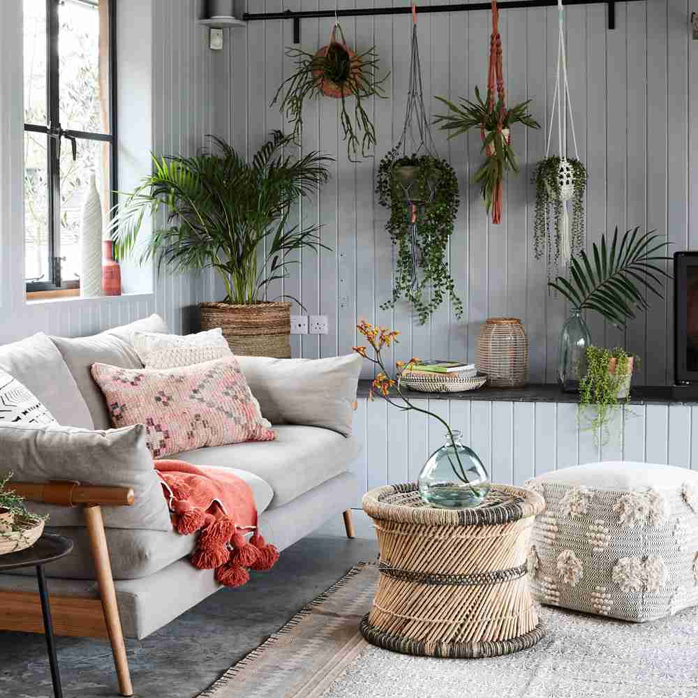 A grey living room with sofa and plants i the room 