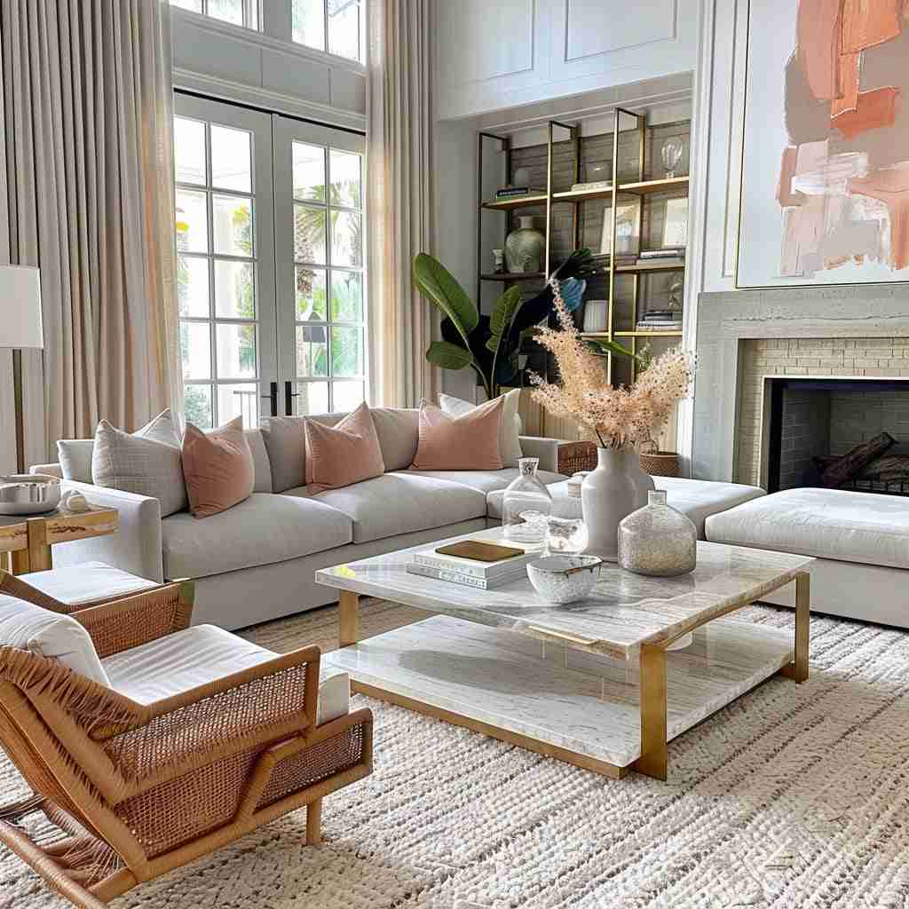 A white and grey living room with rattan chair and table and rug on the floor