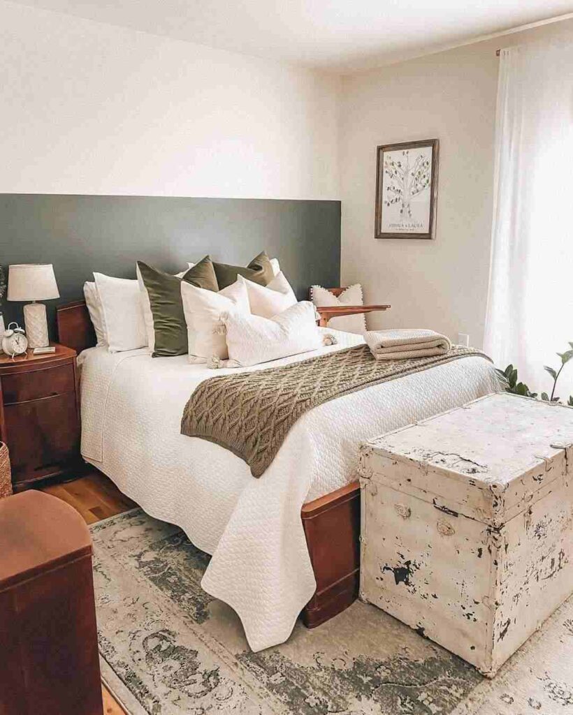 A sage and cream bedroom with brown bed and side table 