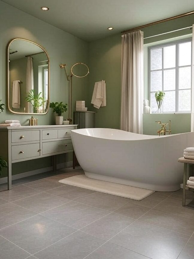 A sage green bathroom with grey vanity and mirror on the wall and white bathtub 