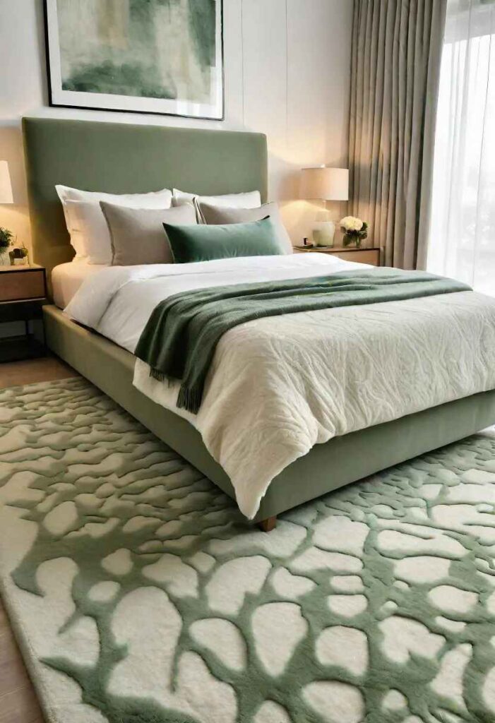A cream bedroom with sage green bedding and curtain and lamp on the side tale 
