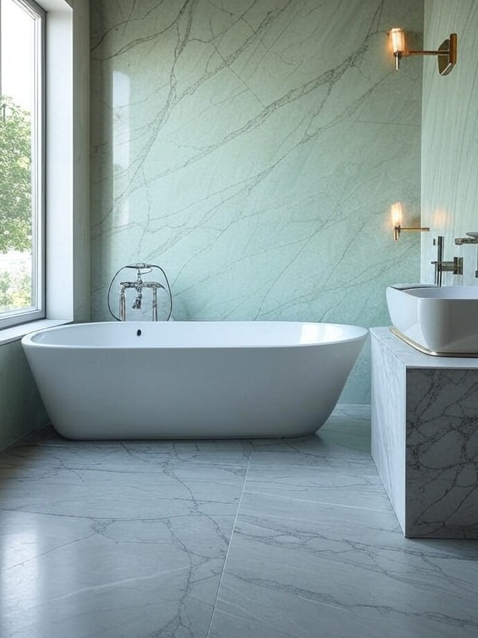 A sage green wall and grey marble floor and white bathtub 