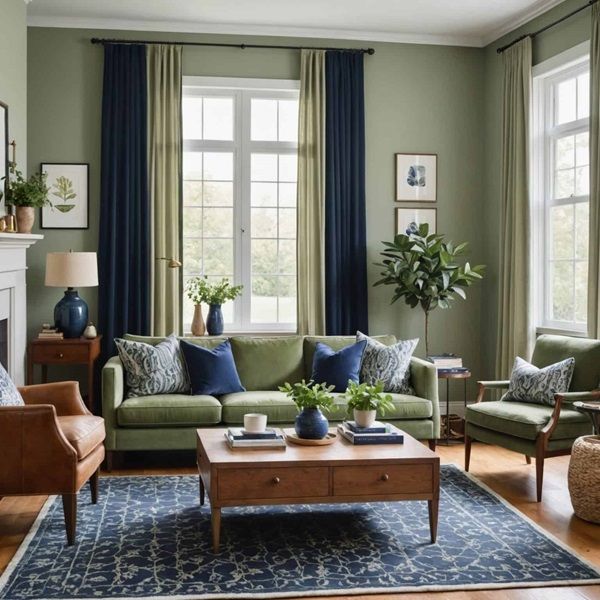 A sage green and blue cushion on the green sofa 