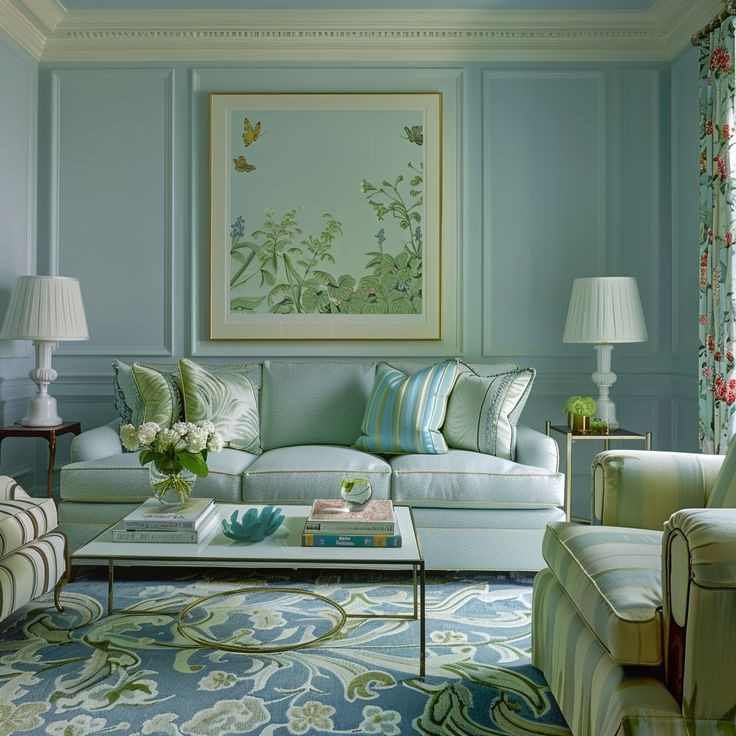 A sky blue living room with botanical frame on the wall 