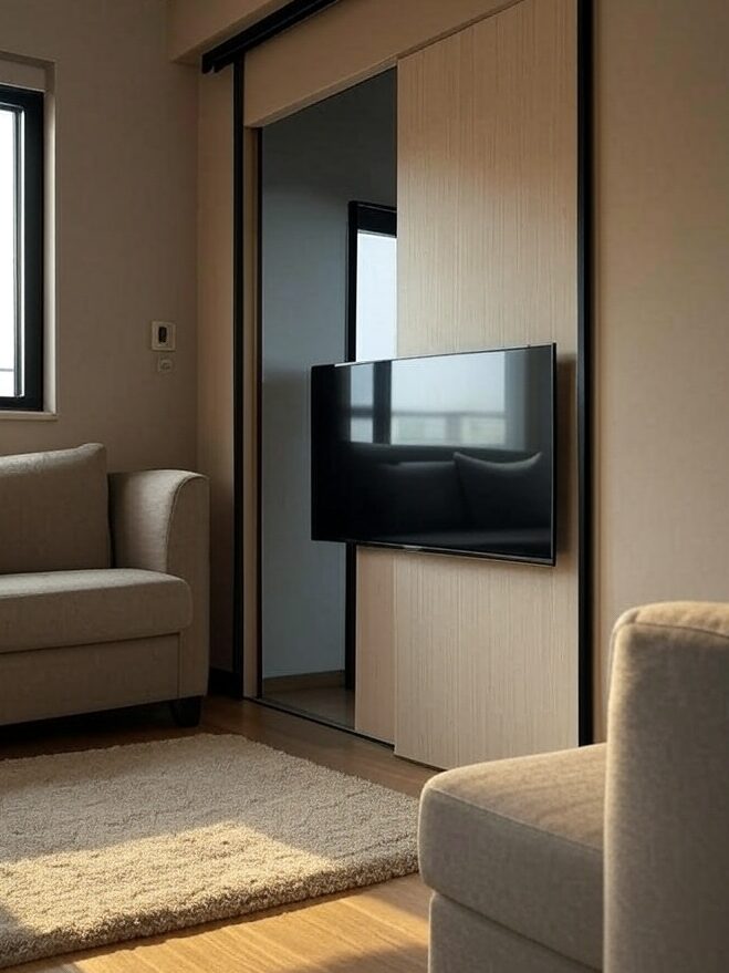 A sidling panel door with wooden floor and sofa 