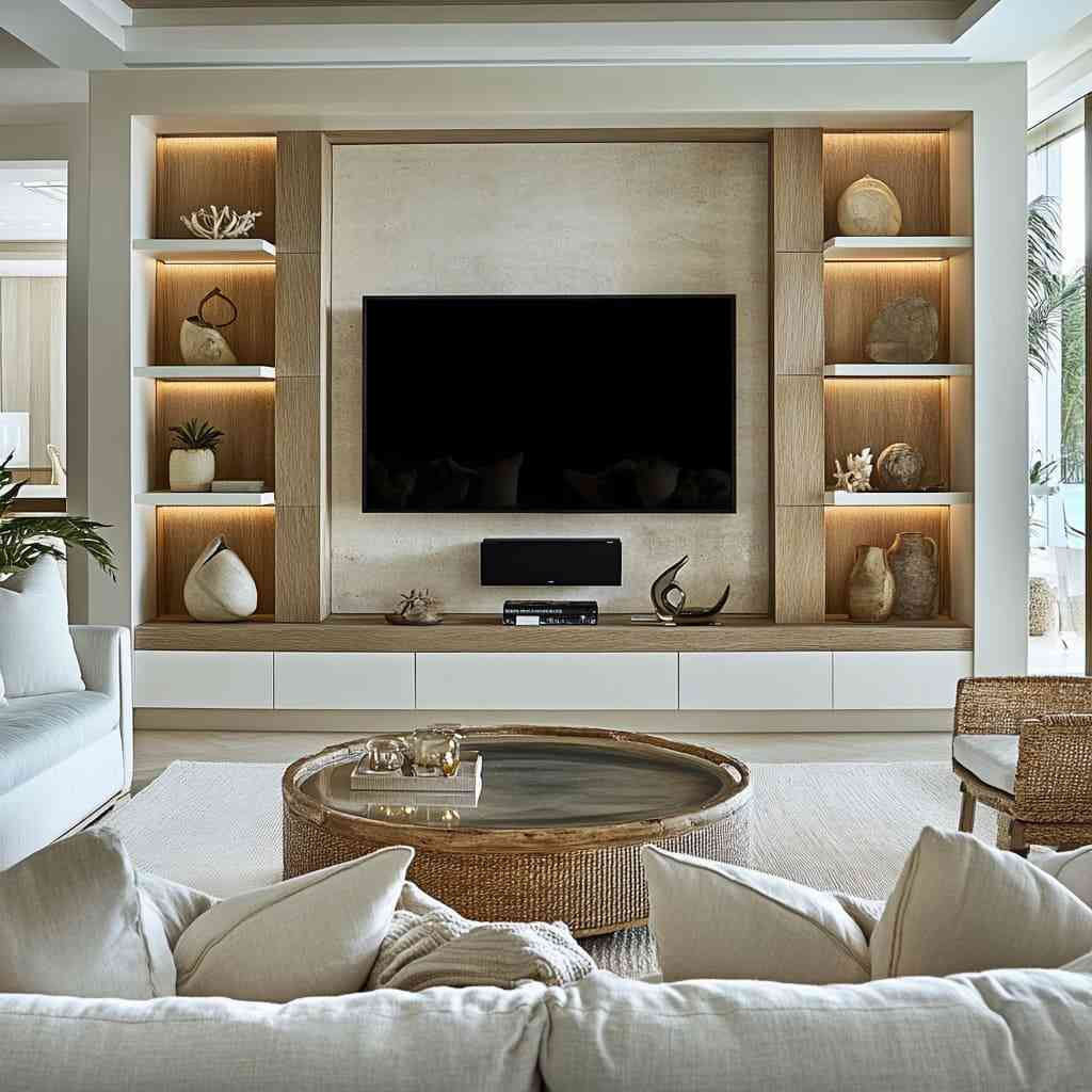 A small living room with tv on the wall and built shelves 