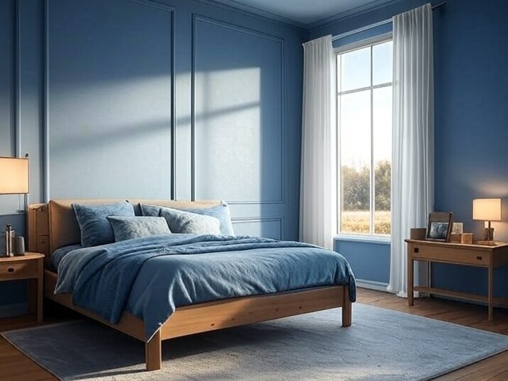 A navy blue bedroom with rug on the wooden floor and windows and curtains 