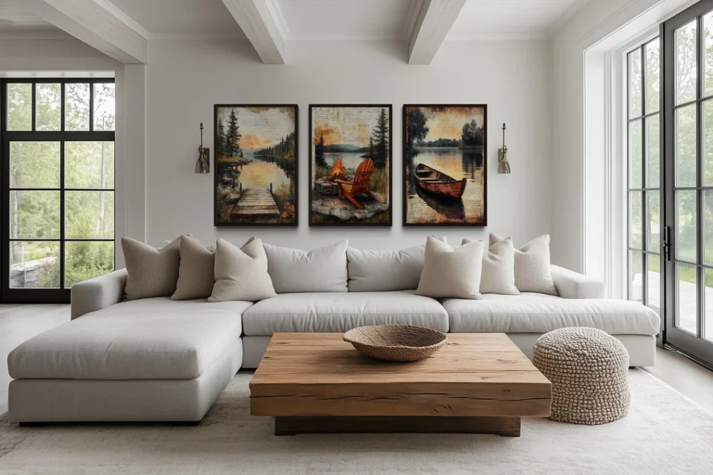 A grey living room with frames on the wall and grey sofa with cushion and black windows 
