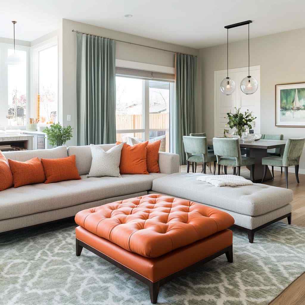A beige and grey living room with orange ottoman and cushion on the sofa 
