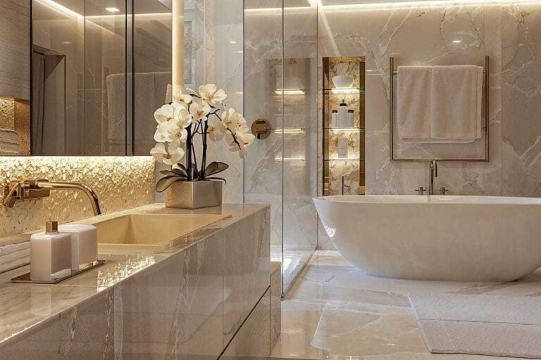 white and gold bathroom featured image