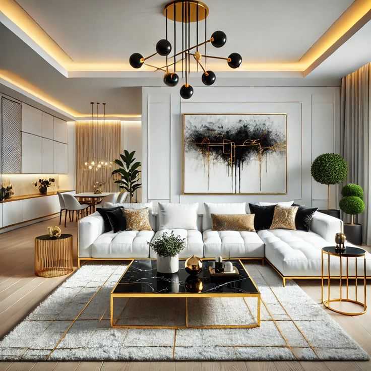 A white and grey living room with gold accent and white sofa with cushion