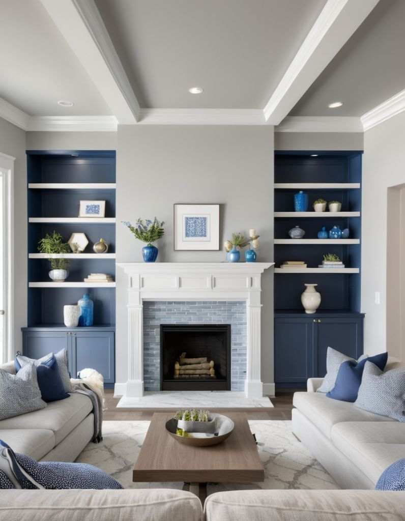 A white shelves against the blue wall and white fireplace and wooden floor 