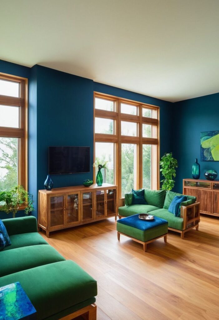 A navy blue and green sofa with cushion and wooden floor 