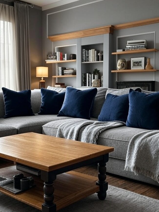 A grey living room with grey sofa and blue cushion and wooden table 