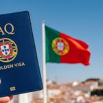 a-dark-blue-booklet-labeled-FAQ-golden-visa-with-portugals-embled-on-it