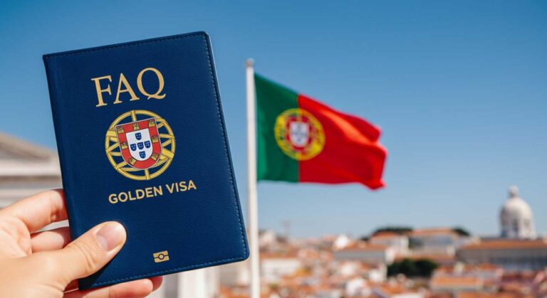 a-dark-blue-booklet-labeled-FAQ-golden-visa-with-portugals-embled-on-it