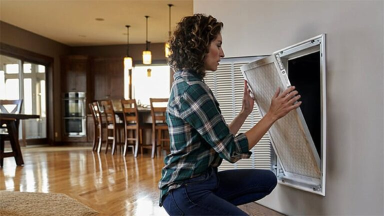 Improving Airflow in Your Home: Beyond Just Changing the Filter a-woman-is-removing-or-checking-an-air-filter-from-the-vent-and-the-room-is-clean-with-wooden-flooring-in-the-background